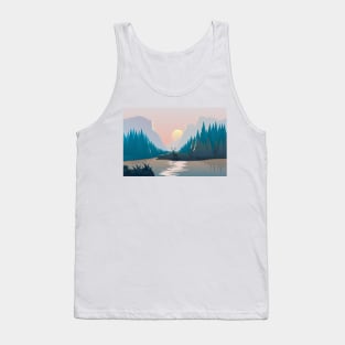 Landscape illustration with a deer, river, spruce forest and mountains at sunset Tank Top